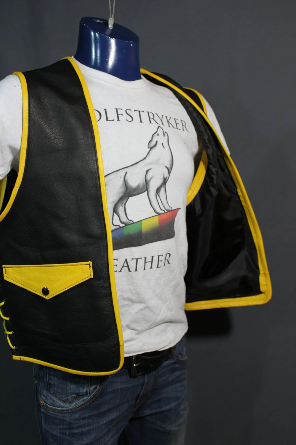 Hand Made Leather Bar Vest with Yellow Accents - Image 3