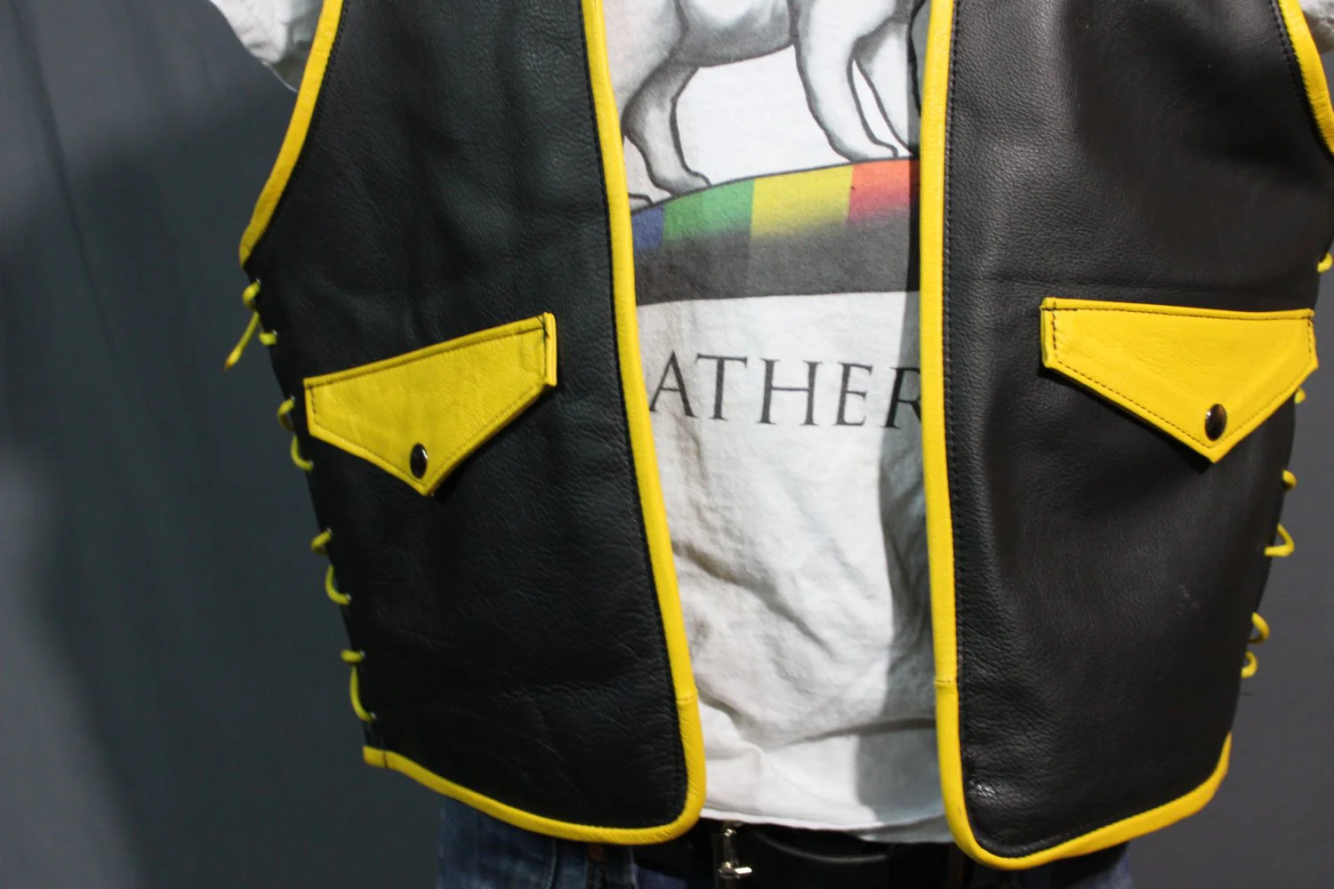 Hand Made Leather Bar Vest with Yellow Accents - Image 5