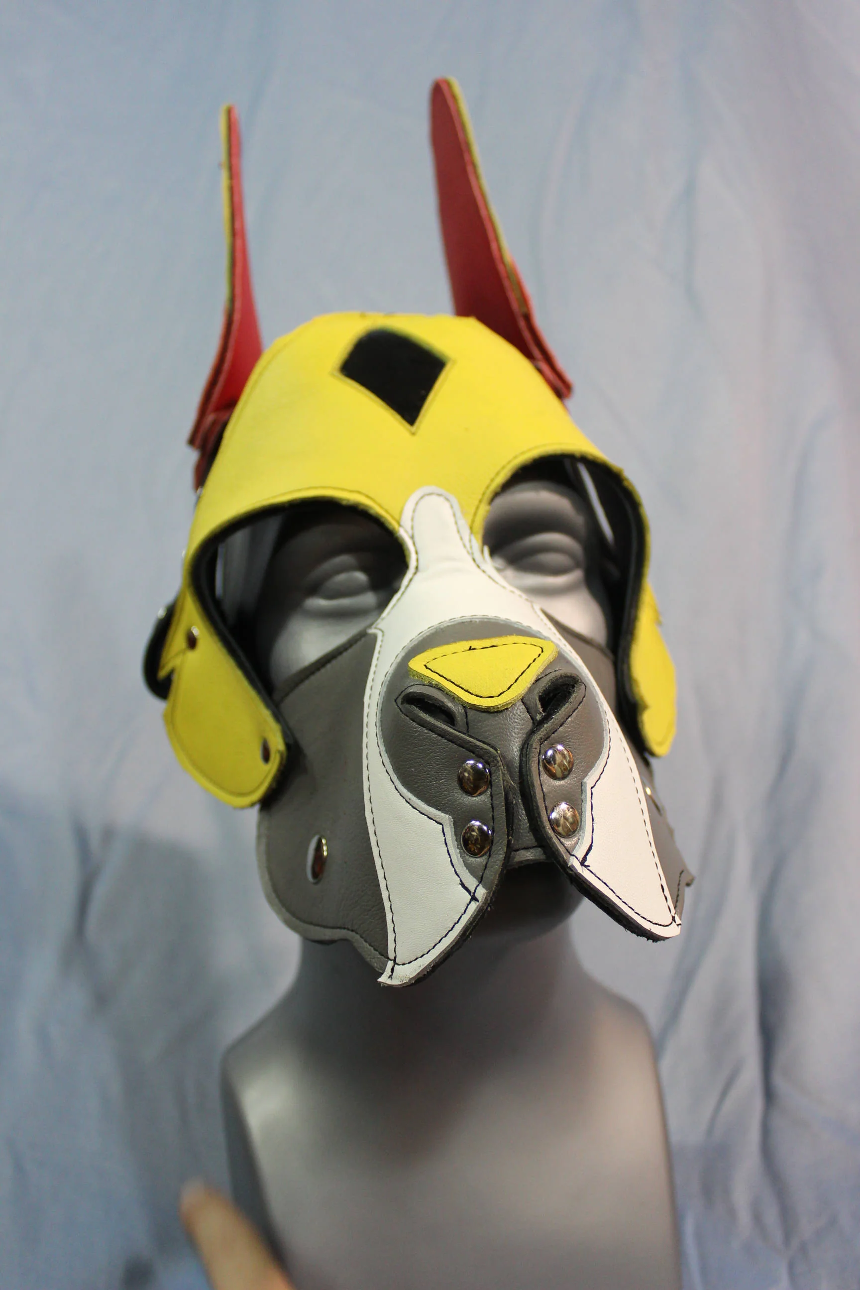 Our "Fire Box" Boxer style Pup hood in red and yellow - Image 4